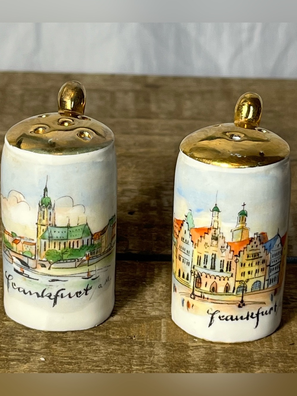 Vintage Germany Porcelain Mini Beer Stein Salt Pepper Shakers Frankfurt am Main